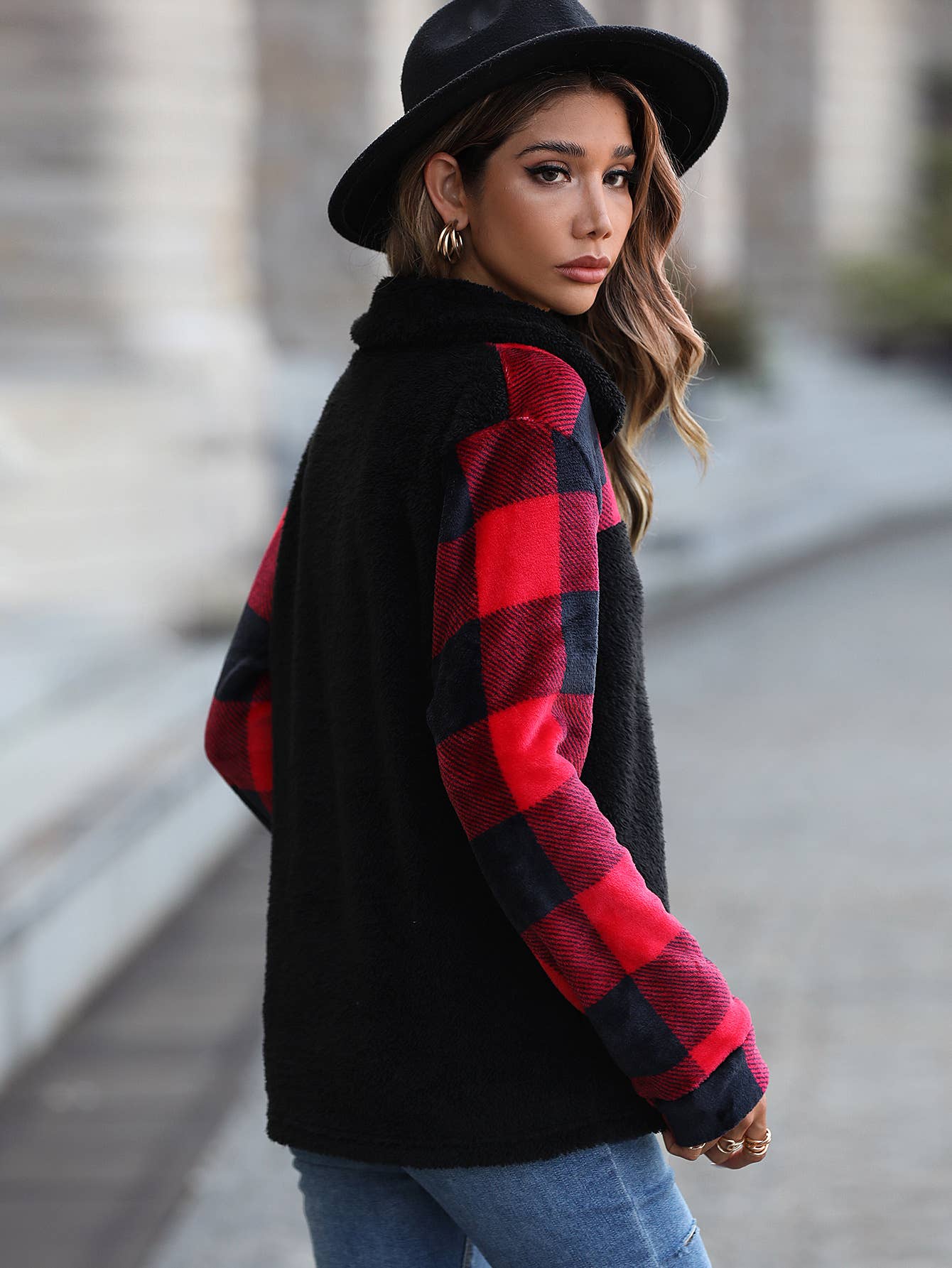 Noir Sweat-shirts en polaire zippés à carreaux Buffalo SR005 en vente sur Faire1