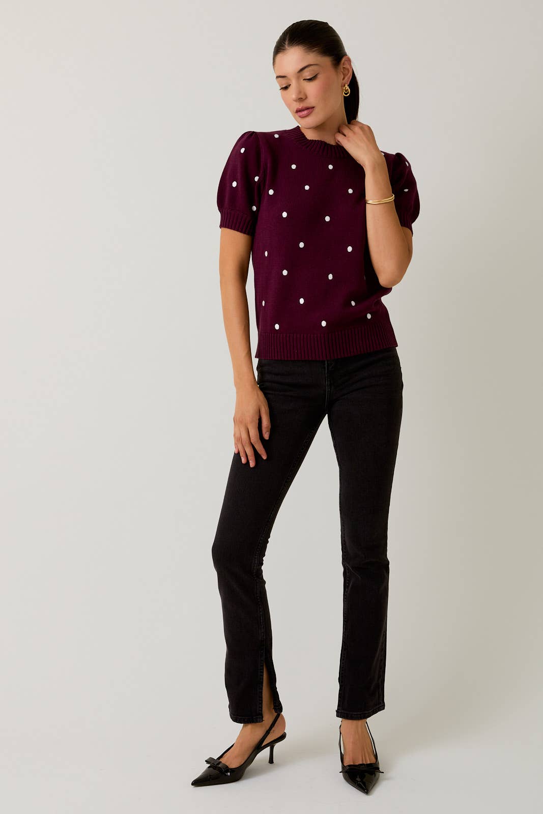 Sunday Edition - Wholesale Knit Sweater - Women's - ROUND NECK PUFF SHORT SLEEVE "POLKA DOT" EMBROIDERED SWEATER52