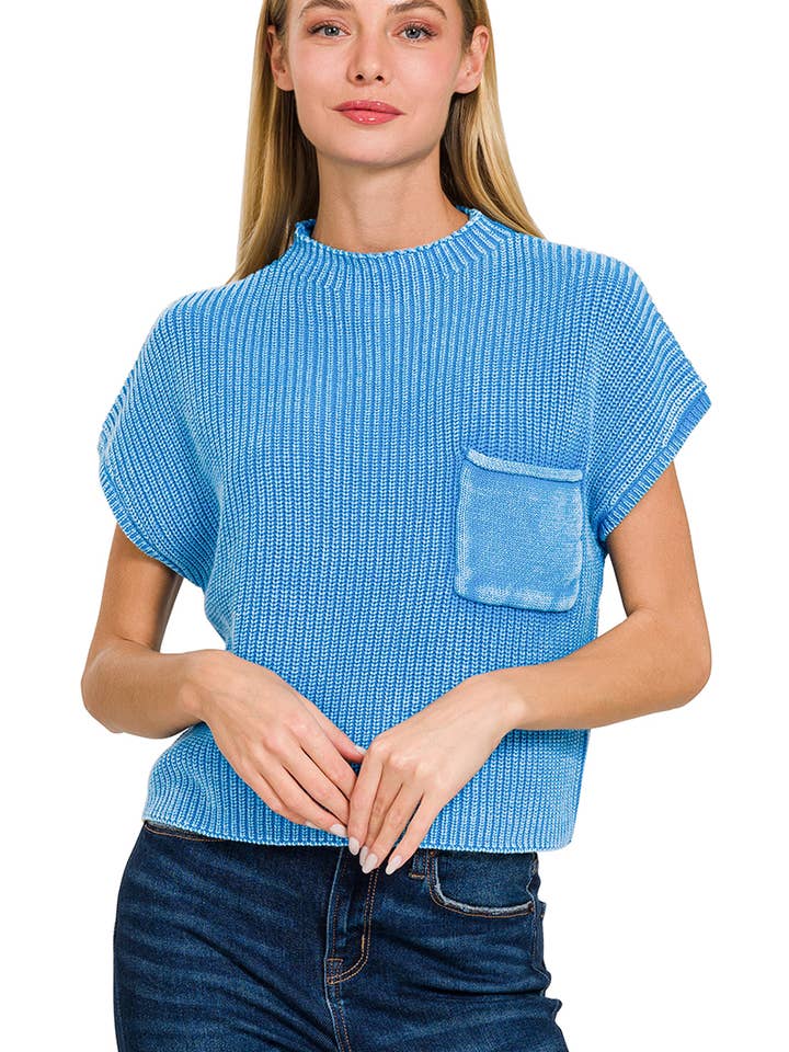 ...SI-26359 Washed Mock Neck Short Sleeve Cropped Sweater for wholesale by 42POPS