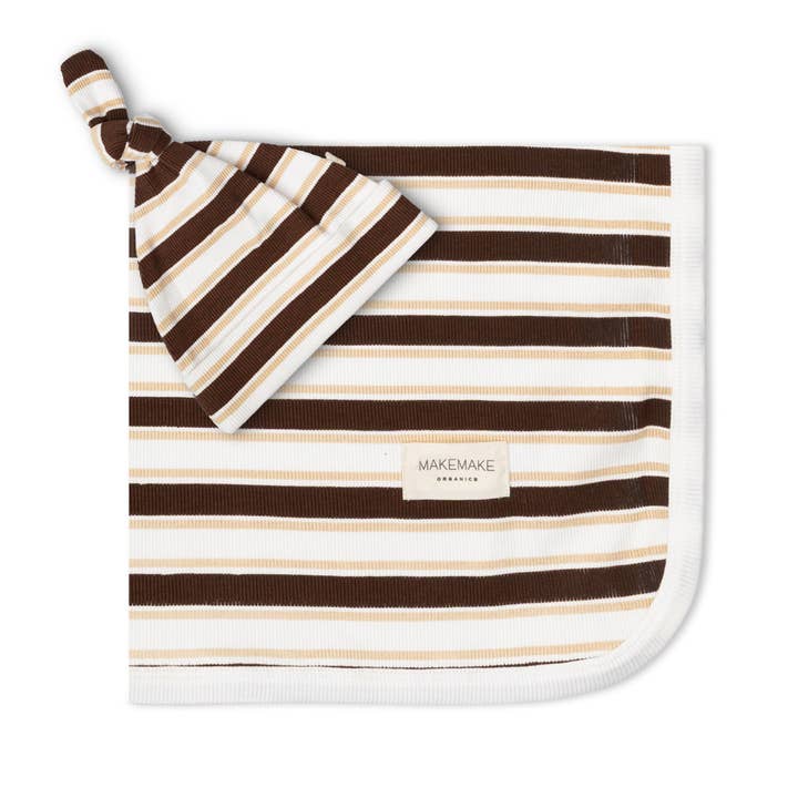 Organic Swaddle Blanket & Hat Set - Cocoa Stripe for wholesale by Makemake Organics