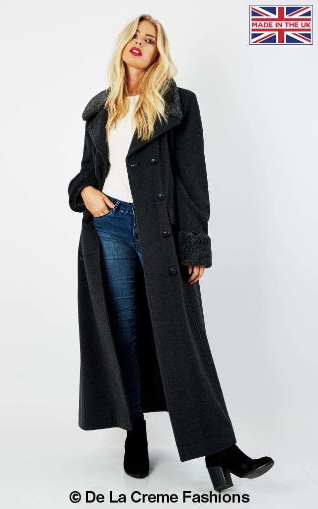 De La Creme Fashions - Venta al por mayor Abrigos de piel/piel sintética - Mujer - Abrigo maxi de mezcla de lana para mujer con cuello y puños de pelo sintético estilo militar4