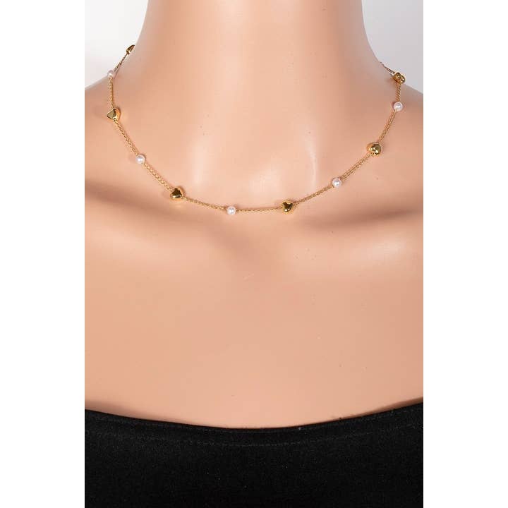 G Pearl And Heart Station Charms Chain Necklace for wholesale on Faire2