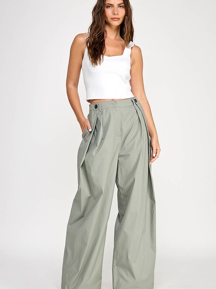 Elastic band, side pleated with button pant for wholesale by Spring Haze Inc.