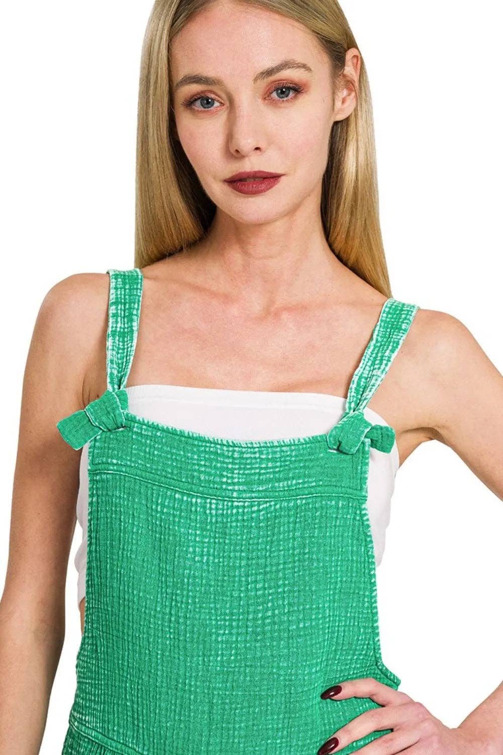 K GREEN Zenana Woven Double Gauze Acid Washed Romper for wholesale on Faire1