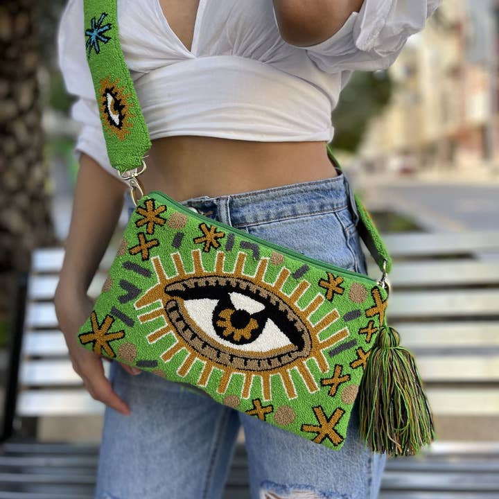 Golden Green Eye Clutch with Strap for wholesale by Best of Colombia LLC