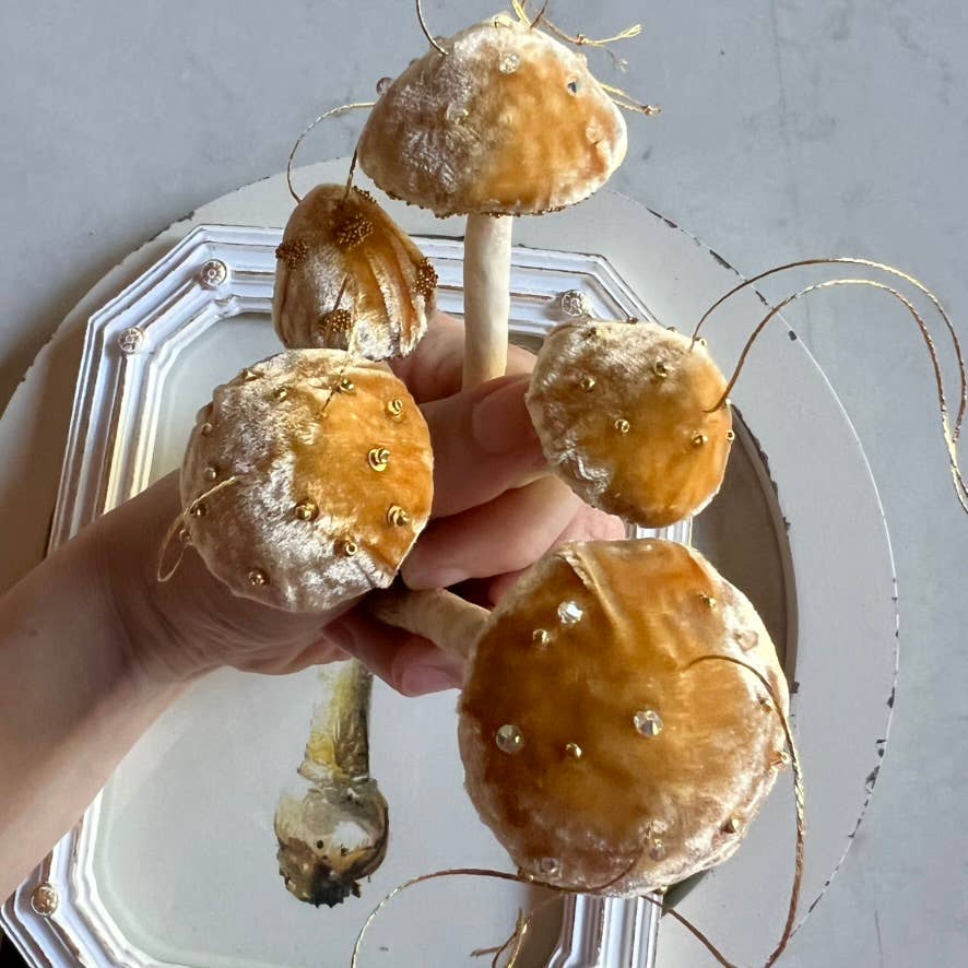 Wonder Objects – wholesale Ornament – Yellow Velvet Mushroom Ornaments with Crystals and Beads4