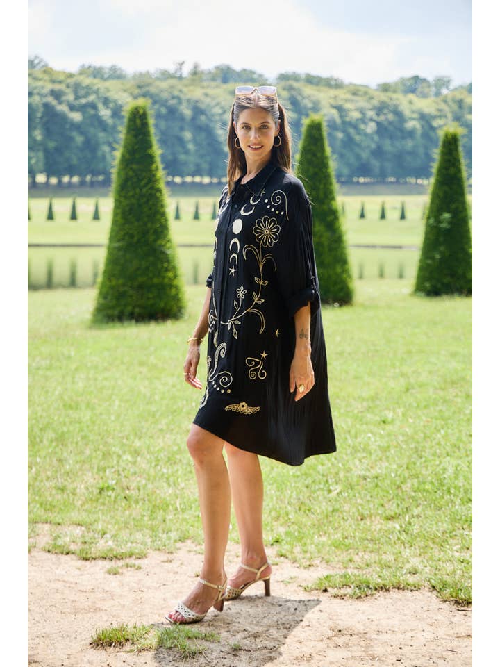 Black Embroidered shirt dress, V-neck, flared cut for wholesale on Faire5
