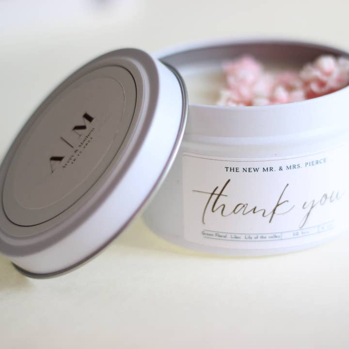 Tilpasselig bryllupslys dåse 6 oz for engroshandel hos Curry People Candle Co