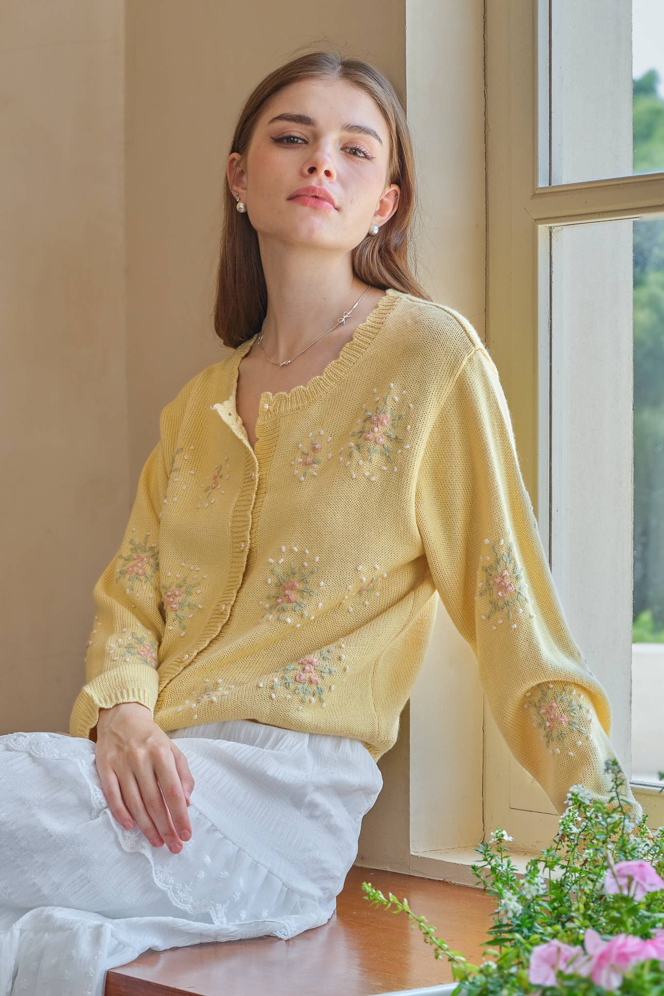 ROSIE POSIE - Wholesale Cardigan - Women's - RP2554 - Scalloped Hem Cardigan with Floral Embroidery