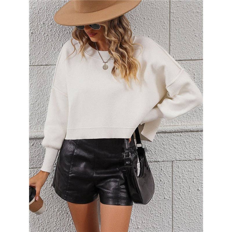OceanusSwim - Wholesale Knit Sweater - Women's - Solid Color Crewneck Long Sleeves Short Pullover Casual Loose Sweater4