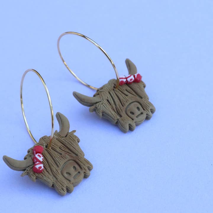 Lily and Sparrow Clay - Wholesale Hoop Earrings - Bessie the Riveter Highland Cow Hoops3