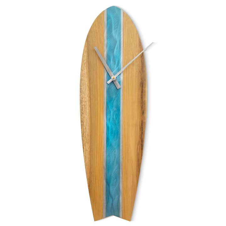Copper Art - Wholesale Wall Clock - Surfboard Clock I (Blue/ SS and Wood)