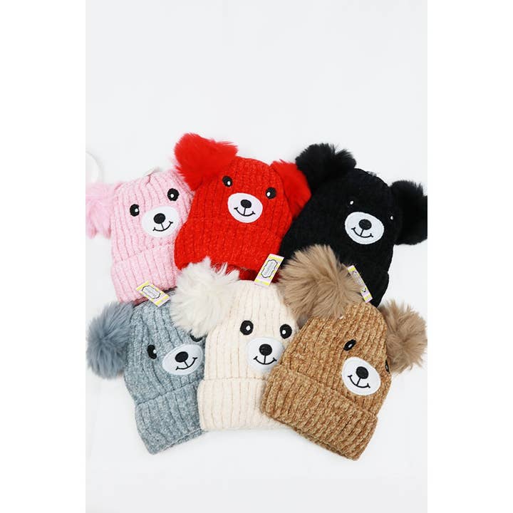 MIX COLOR Kids Bear Pom Pom Knit Beanie for wholesale on Faire