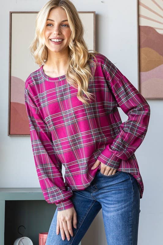 MAGENTA ET7470-17 TOP CON STAMPA SCOZZESE CON MANICHE LUNGHE A SBUFFO in vendita all'ingrosso su Faire3