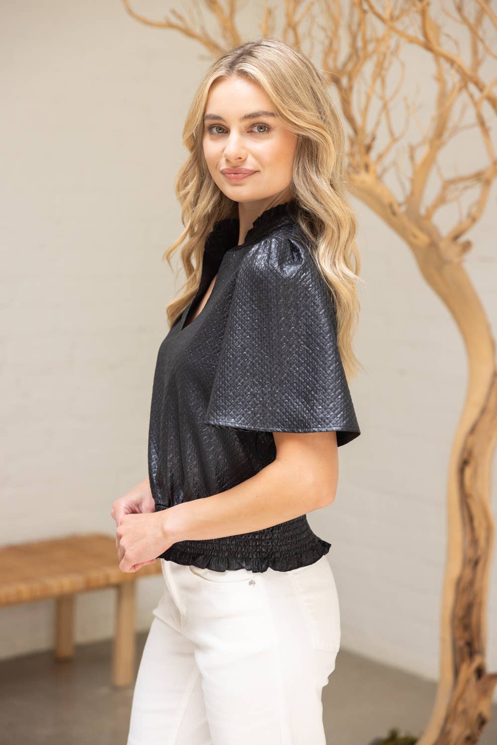 VOY - Wholesale Blouse - Women's - 35926 Smocked Hem and Solid Textured Top18