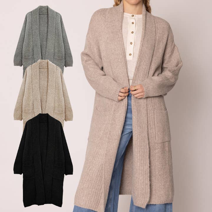 Fashion City - Wholesale Cardigan - Women's - Knitted Shawl Collar Long Cardigan