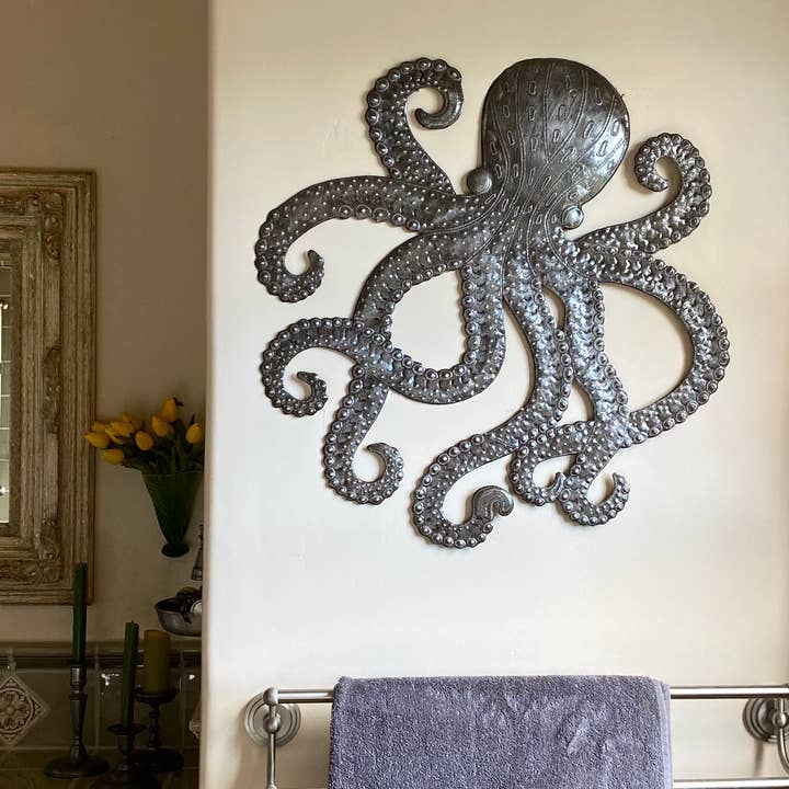 Handcrafted Octopus Sea Wall Hanging Art, Nautical Theme 23" for wholesale by Haiti Fair Trade~ It's Cactus