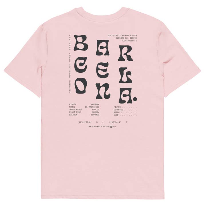 Maglietta Ricamata in Cotone Organico GUSTATORY Scena del Caffè di Barcellona per la vendita all'ingrosso da parte di ANCHOR & CREW