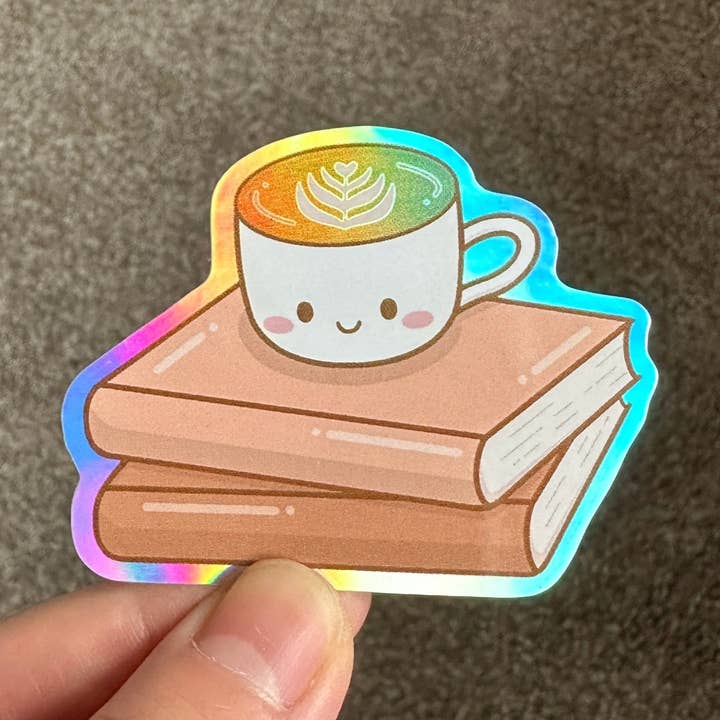 Books & Latte Holographic Die Cut Sticker for wholesale by Cute Stickers Only