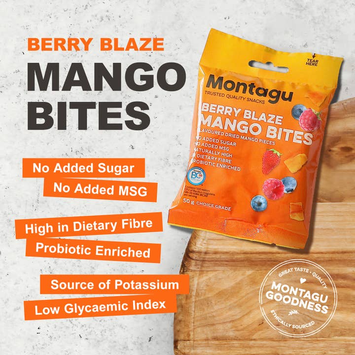 Mahdina – Großhandel Getrocknete/dehydrierte Früchte – Montagu: Mango Bites - Berry Blaze aromatisiert, (10 x 50 g)
