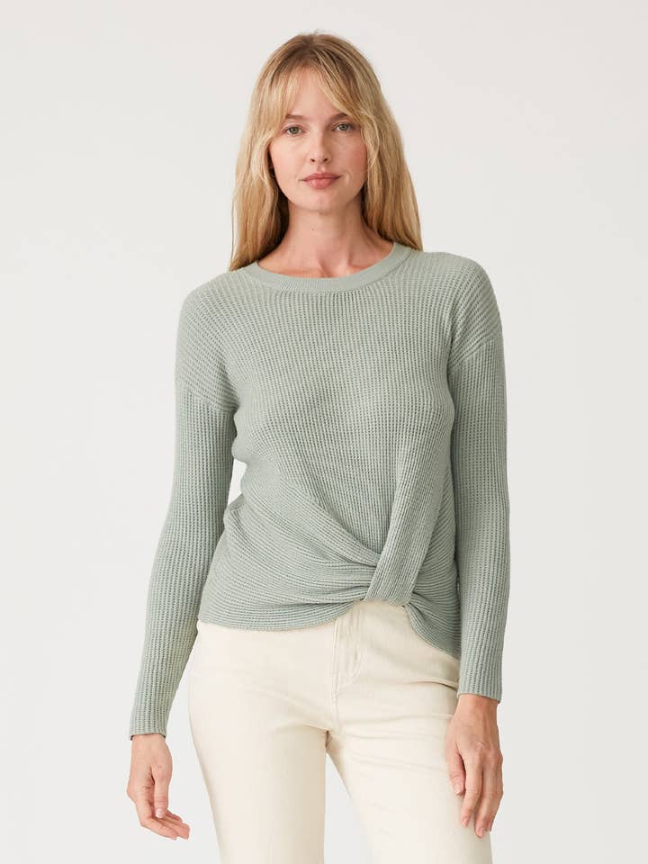 Waffle Knit Crew Neck Front Knot Pullover Sweater for wholesale by Lovestitch