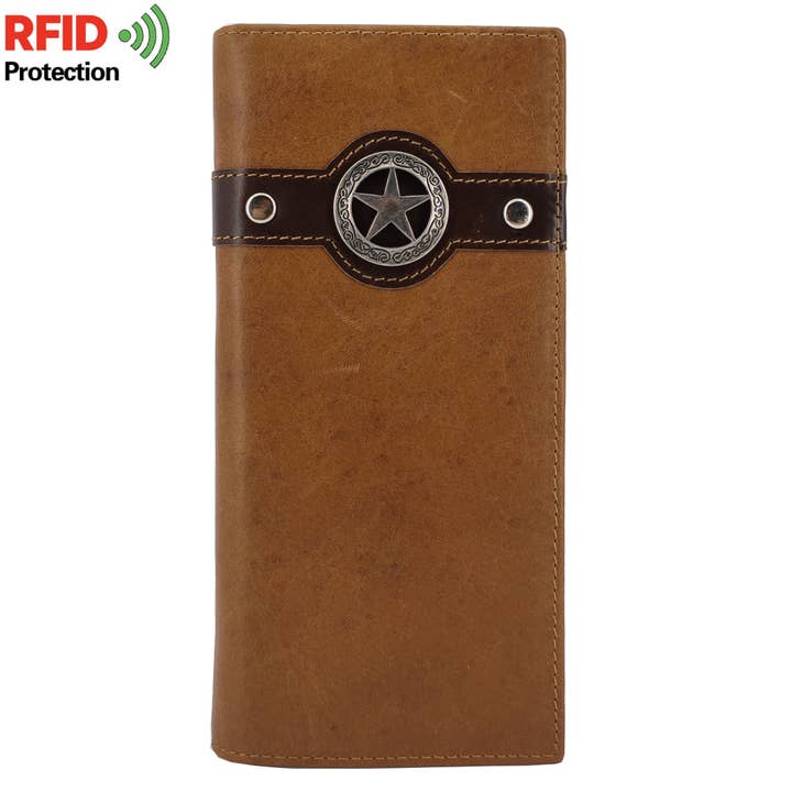 Janhooya Carteira masculina de vaqueiro ocidental com bloqueio de RFID Carteira longa dobrável de couro genuíno por atacado de Janhooya