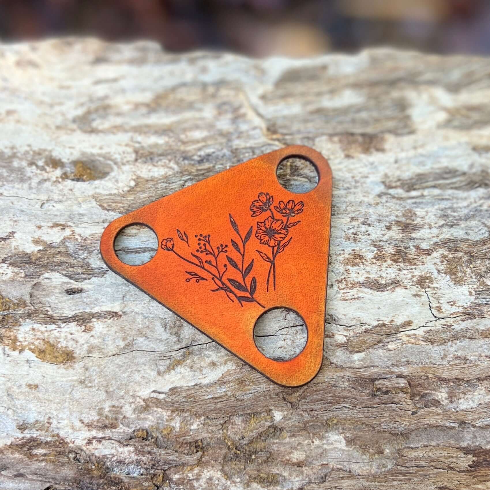 Lindsay Streem Designs - Wholesale Scarf Clip - Women's - Bandana Slide Triangle - Antiqued Saddle Tan Leather - Wildflowers1