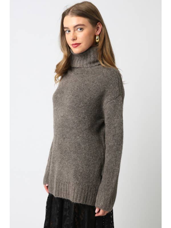 Olivaceous - Wholesale Knit Sweater - Women's - Fuzzy Turtleneck Oversized Sweater2
