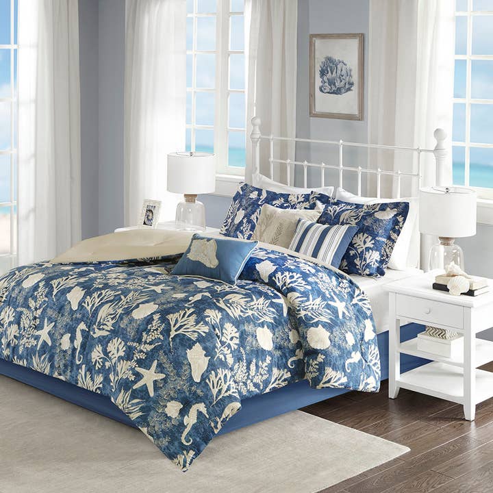 Seashell Coastal Navy Blue 7-Piece Comforter Set for wholesale by Olliix