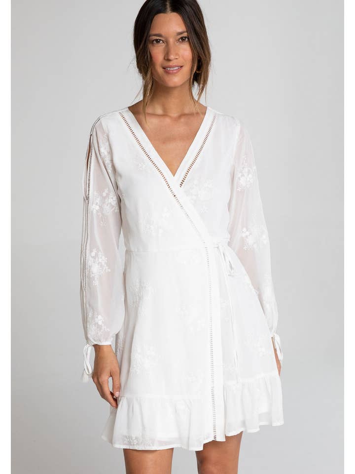 Lovestitch - Wholesale Dress - Women's - Sheer Chiffon Embroidered Long Sleeve Wrap Dress
