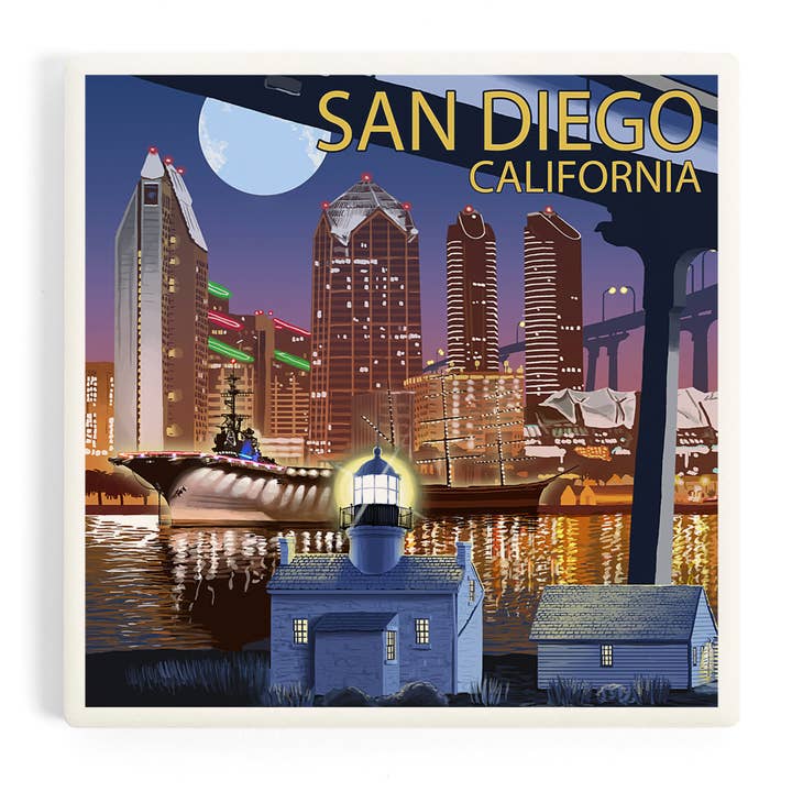 Lantern Press - Wholesale Coasters - CERAMIC COASTER San Diego, California, Skyline at Night