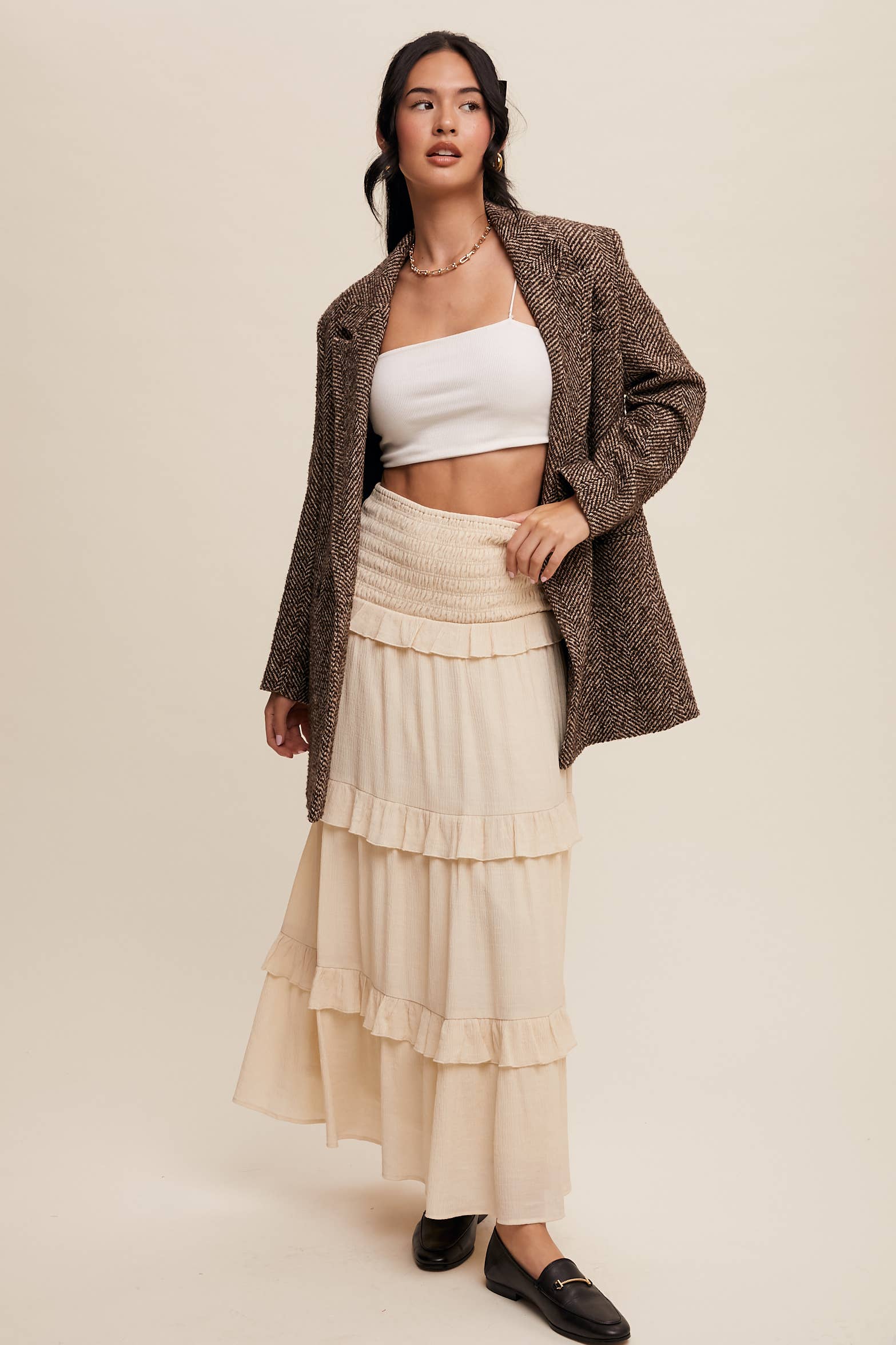 Listicle - Wholesale Skirt - Women's - 2-Way Smocked Ruffle Tiered Midi Dress or Skirt36