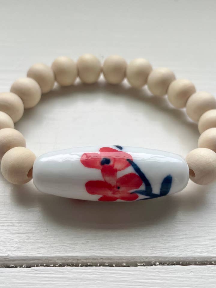 Chinoiserie Floral & Wooden Bead Bracelet for wholesale by Blomst Floral Market
