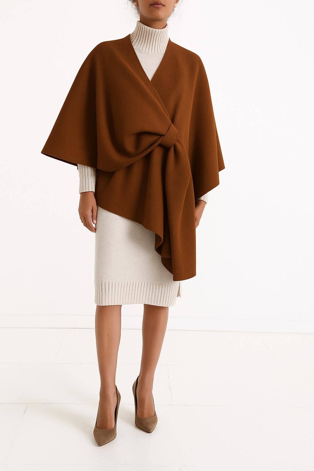 LOOWIE - Wholesale Poncho - Women's - VIPOBR Italian Brown Large Poncho w/ Knot Closure LOOWIE