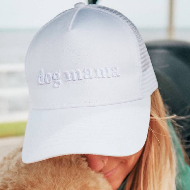 White Dog Mama Cute 3-D Embroidered Trucker Hat for wholesale on Faire