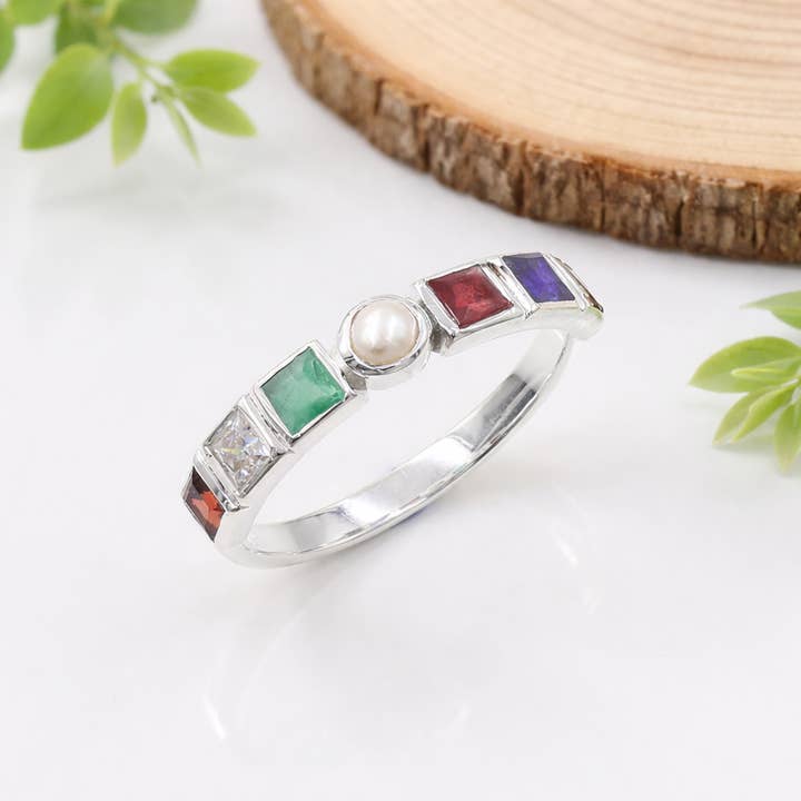 Sterling Silver Multicolor Gemstone Ring with Pearl Band for wholesale by Jay Jools