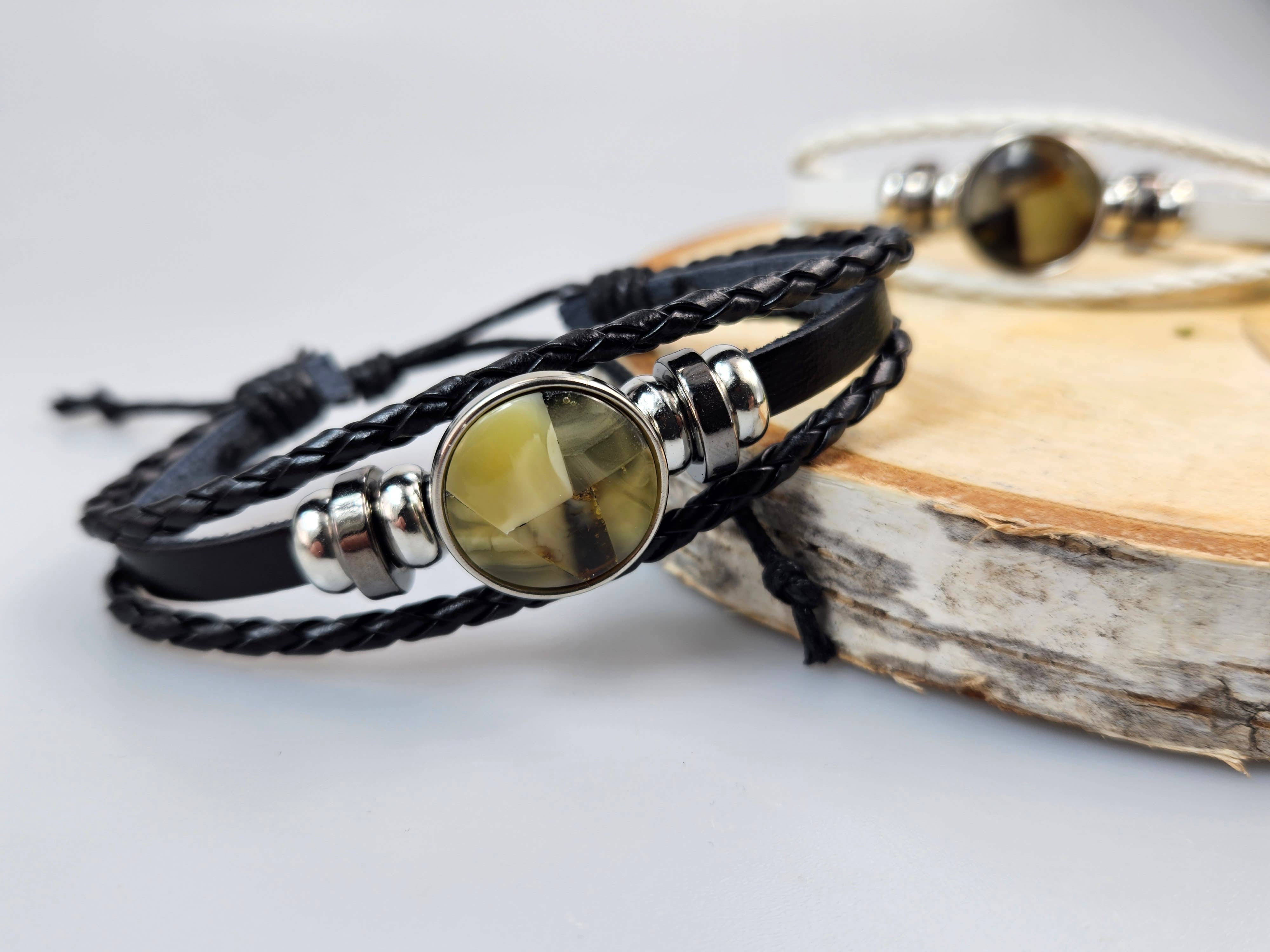 AmberLithuania - Wholesale Beaded Bracelet - Eco Leather and Baltic Amber adjustable bracelet for him her1