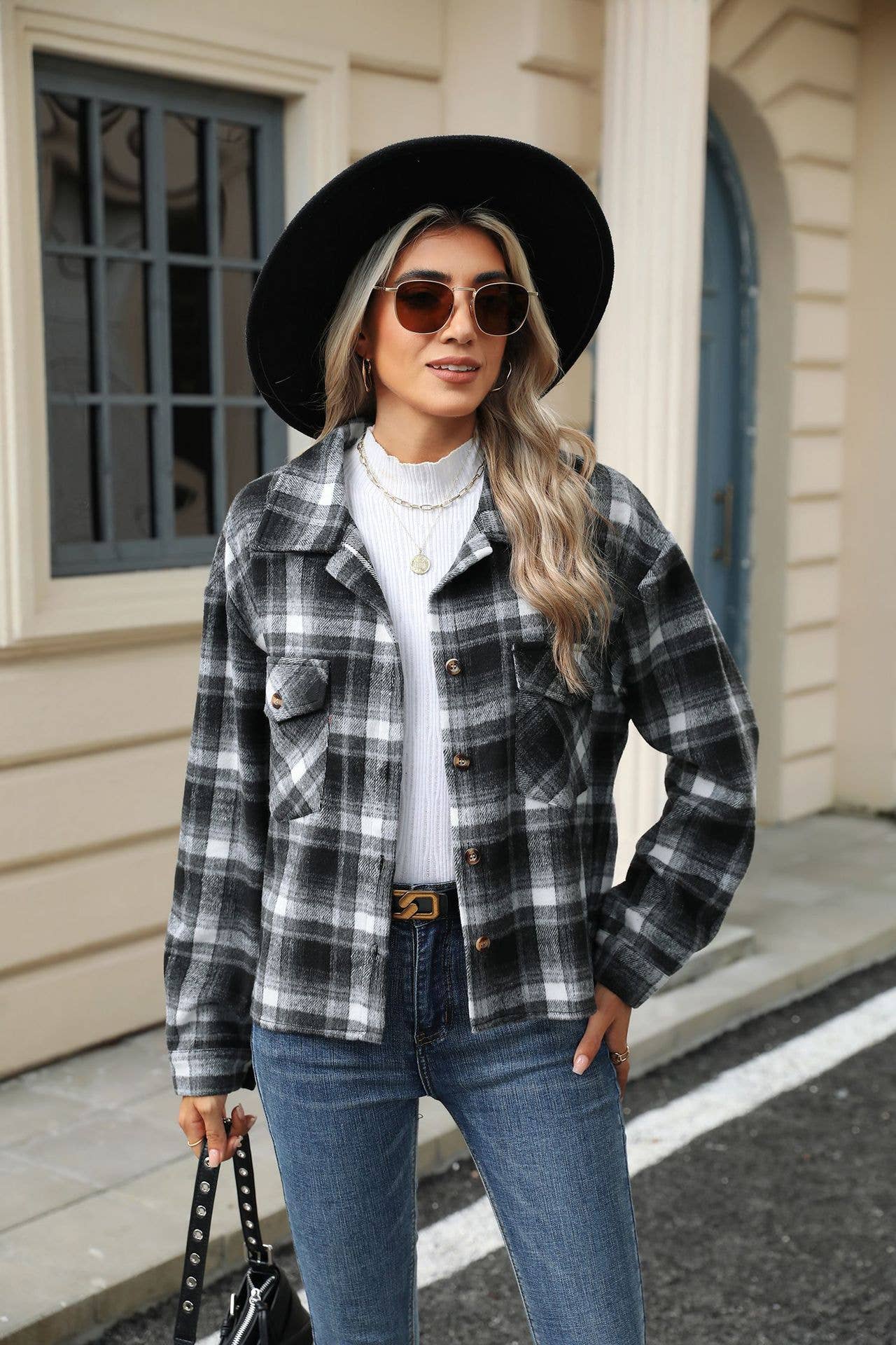 Lily Clothing - Wholesale Shirt Jacket/Shacket - Women's - LONG-SLEEVED PLAID WOOL JACKET WITH BAGGY POCKETS3