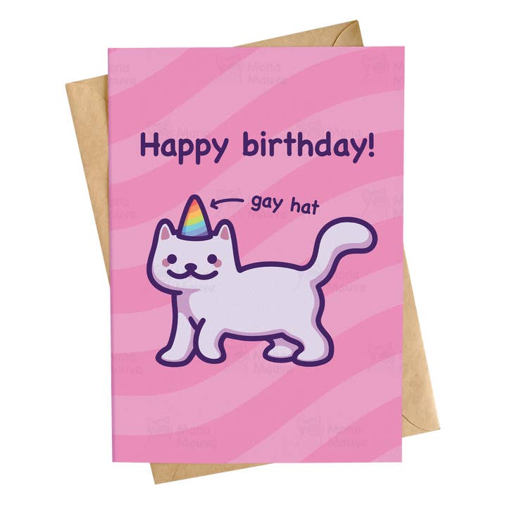 Lustige Katzen-Geburtstagskarte | Schwuler Hut | LGBTQ+ Pride-Karte für den Großhandel von Mona Mauve • Silly Art!