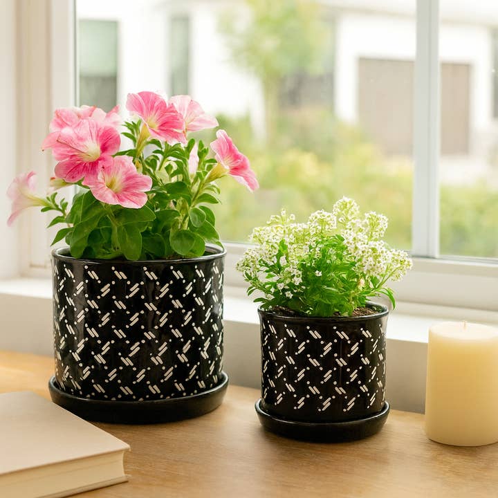 Planters Set of 2 - Black Round Dots With Saucer, 6/8 in. for wholesale by Sagebrook Home