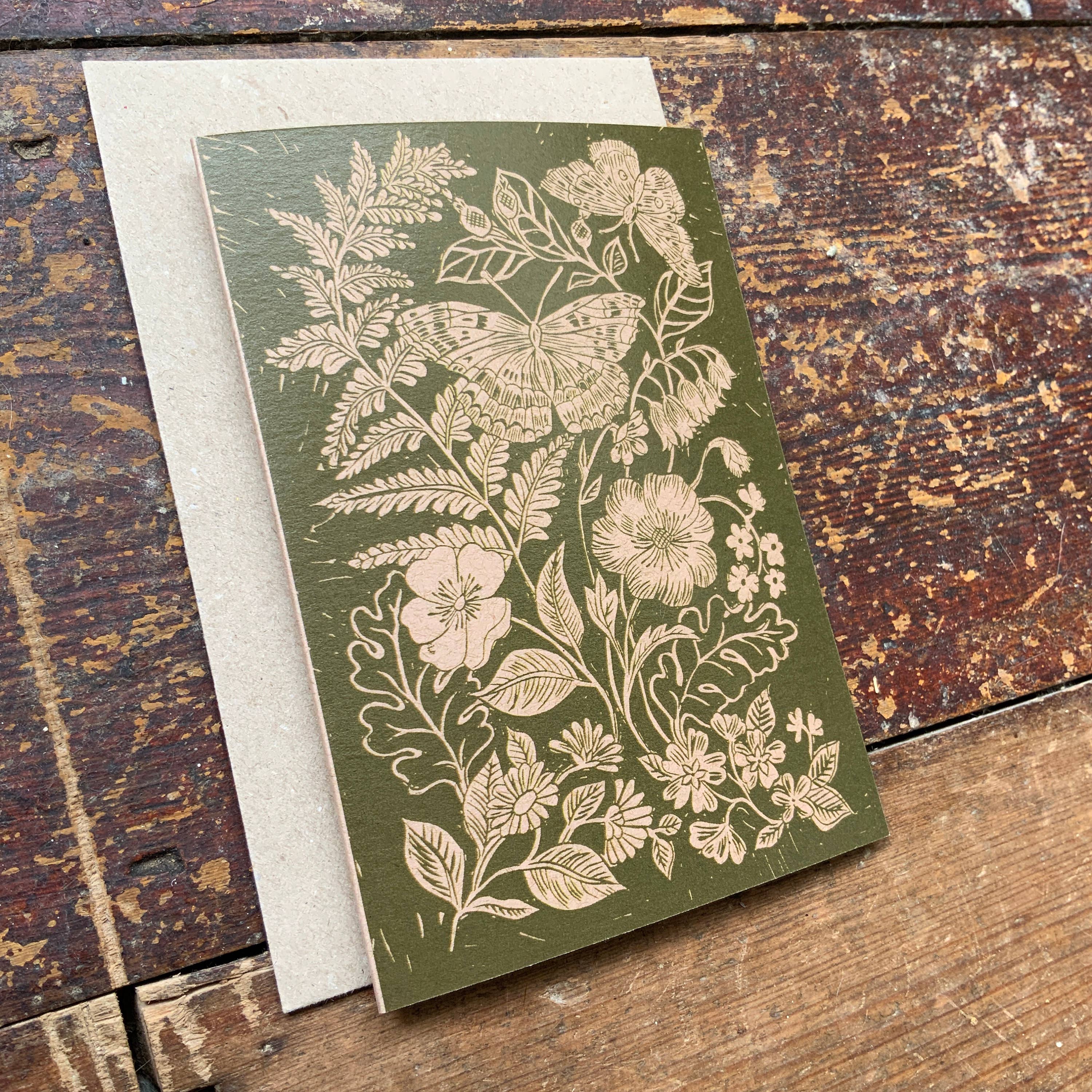 Vivienne Keable - Wholesale Everyday Greeting Card - Linocut Print Card 'Fern, Butterfly and Wild Flower'3