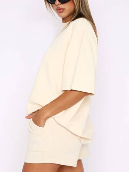 HIDDENBRAND - Wholesale Lounge Set - Women's - Half Sleeve Basic T-shirt 2 Piece shorts Set1