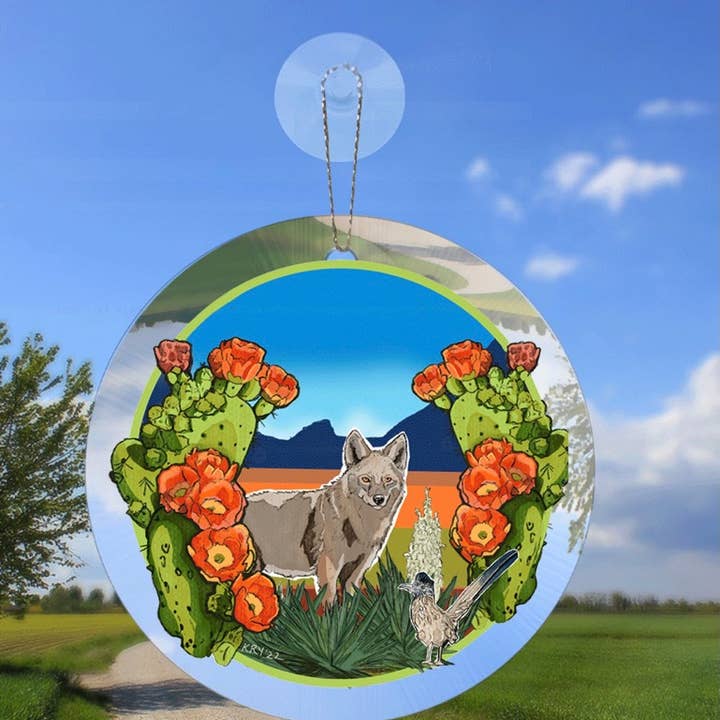Suncatcher con forma de coyote, correcaminos y cactus barrel para venta al por mayor de Art For The Young At Heart