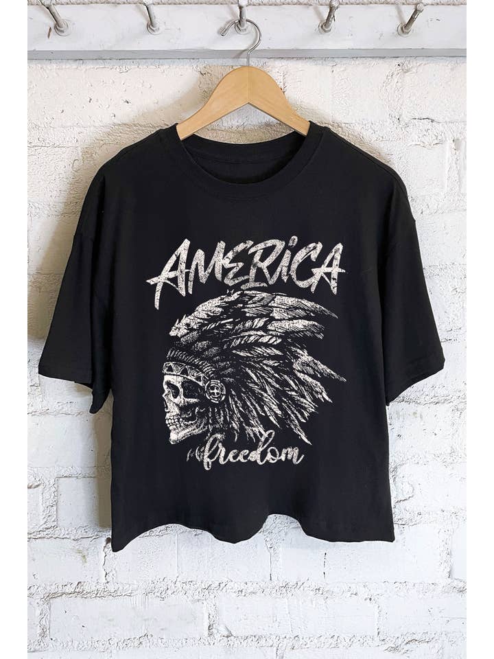 Rustee Clothing – Großhandel T-Shirt mit Siebdruck – Damen – AMERIKA FREIHEIT SCHÄDEL GRAFIK LANGES CROP-TOP7