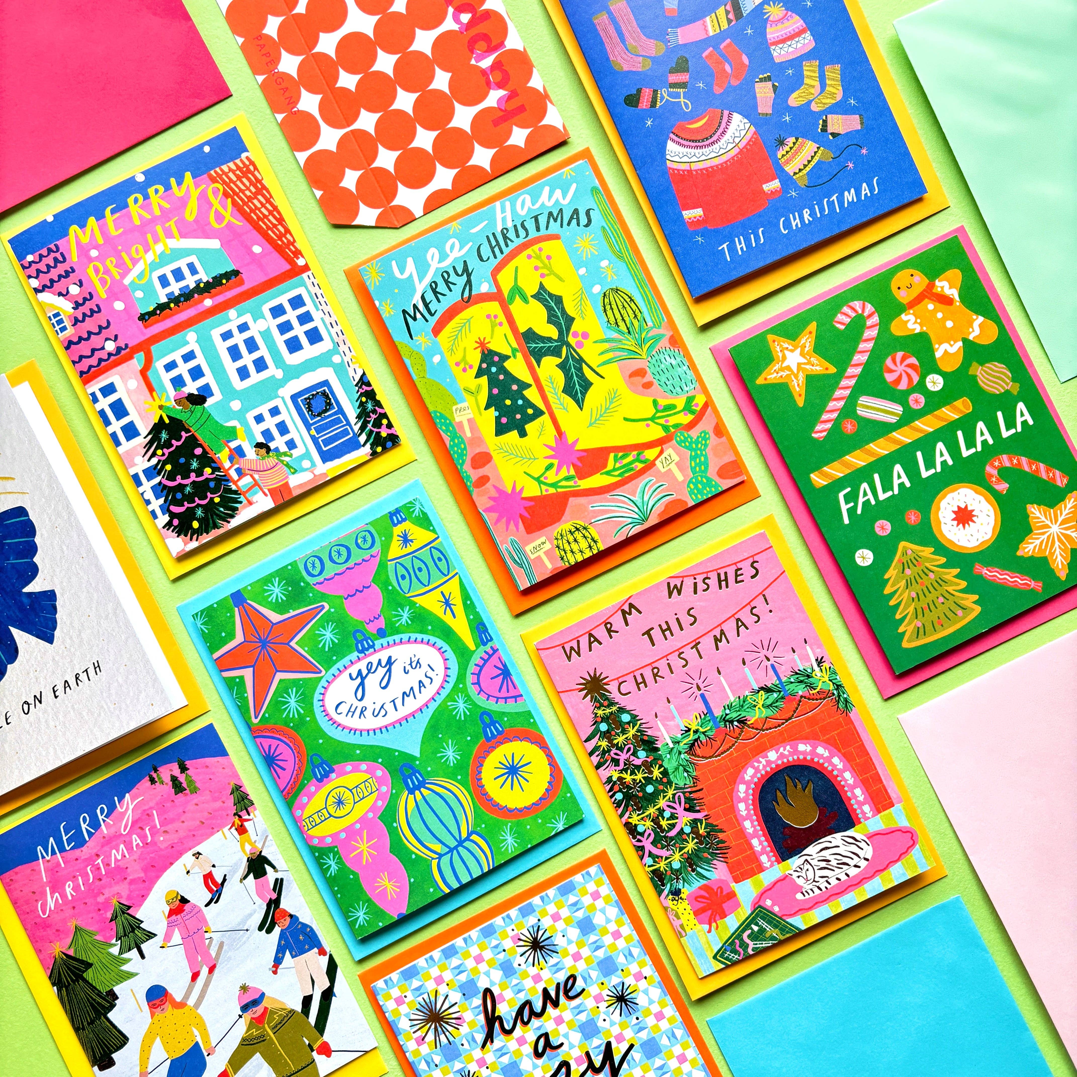 Kerrie Illustrates - Wholesale Christmas Card - Warm Wishes This Christmas Greeting Card | Fireplace Xmas Festive Greetings Cat Cozy Pink Gold Foil4