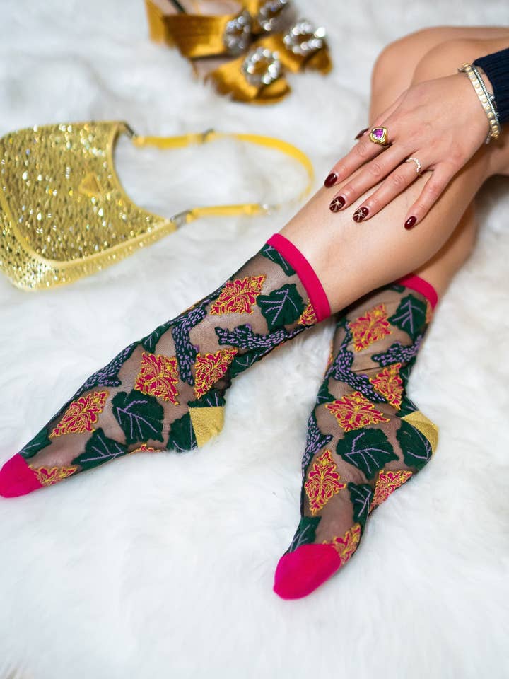 Sock Candy - Vendita all'ingrosso Calzini - Donna - Calzini girocollo neri trasparenti Jaguar in broccato0