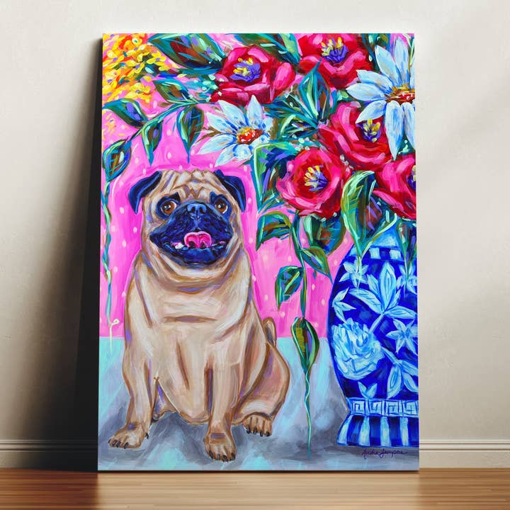 Impression sur toile de carlin et bouquet - Peinture d'art pour animaux de compagnie pour la vente par Audra Style