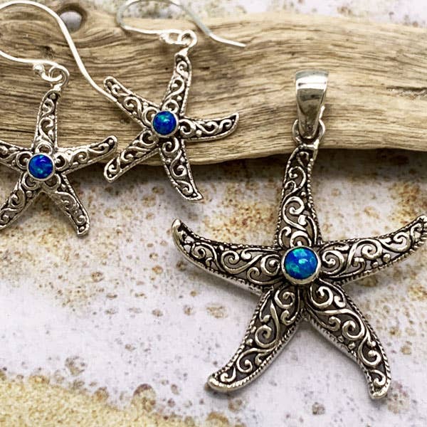 Goddess Design Studio - Vente Boucles d'oreilles pendantes - Boucles d'oreilles fantaisie en forme d'étoile de mer en argent sterling et pierres précieuses1
