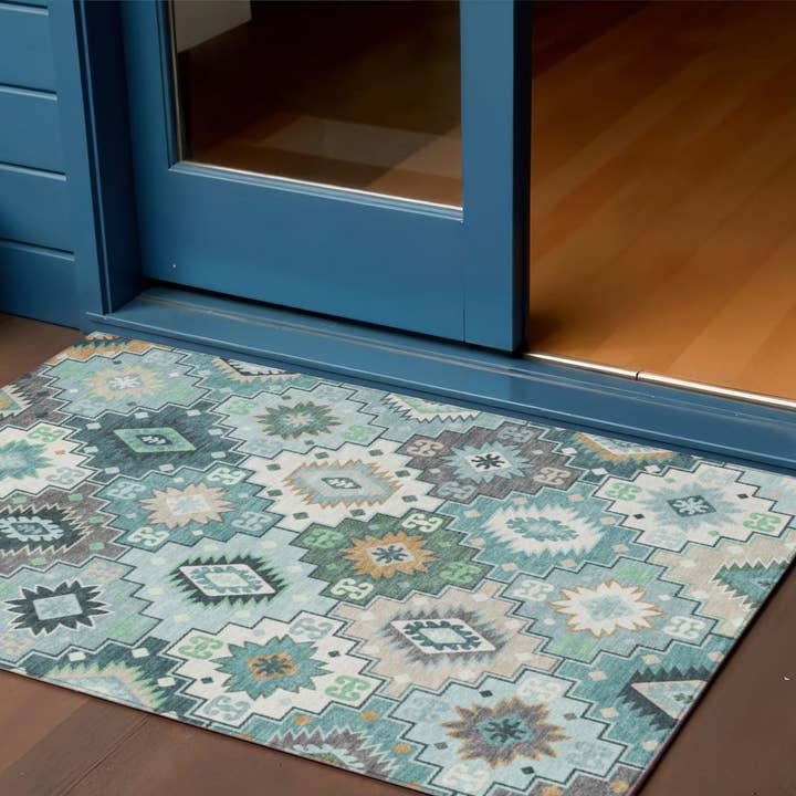 3' X 5' Teal Blue Beige And Ivory Southwestern Area Rug for wholesale by HomeRoots