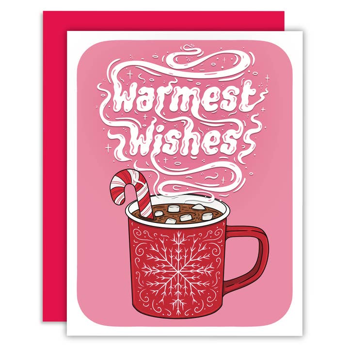 Warmest Wishes Hot Cocoa Greeting Card for wholesale by Midnight Door Studio